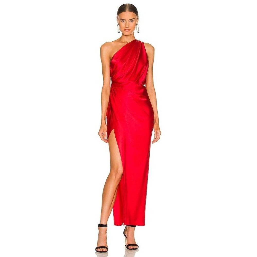 The Sei Asymmetric Drape Gown in Scarlet Red Silk